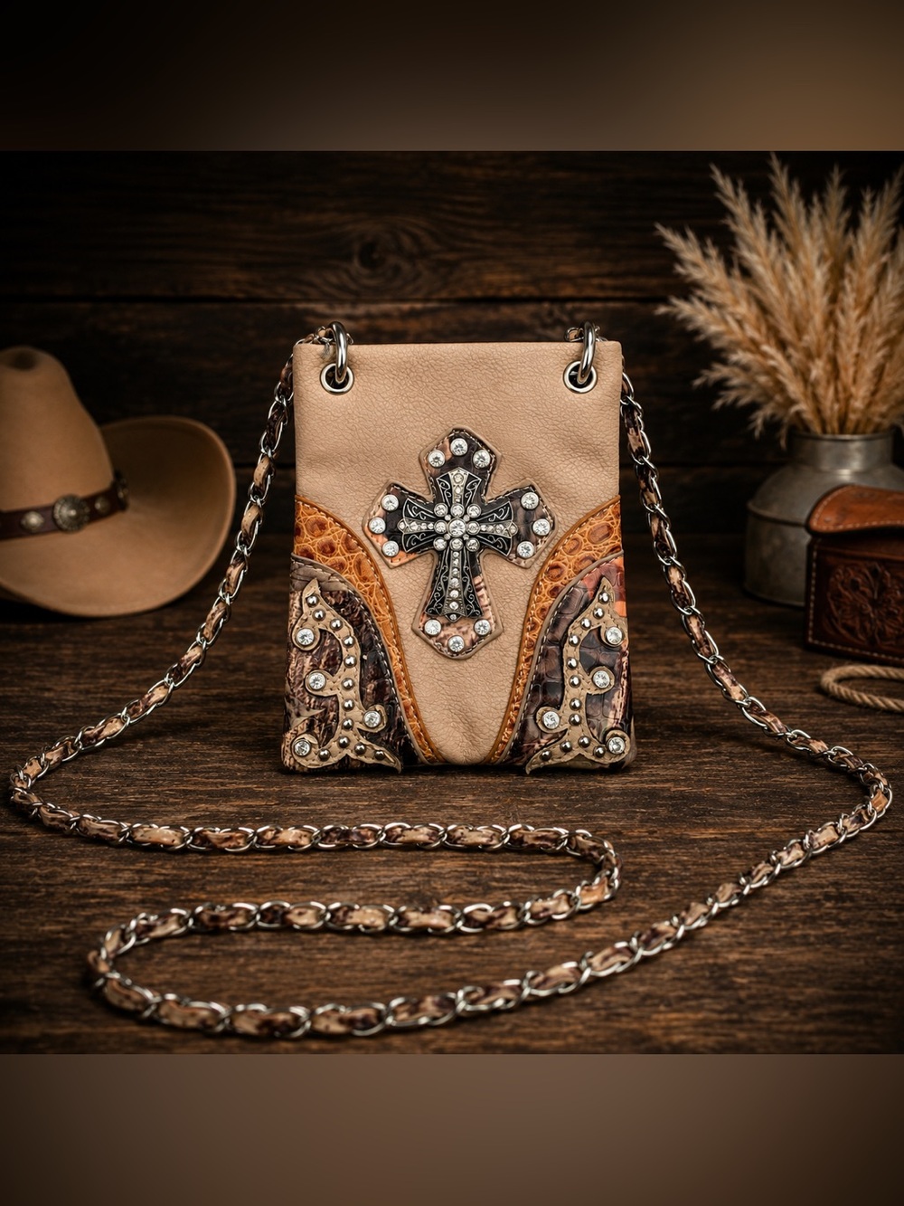 Western Rhinestone Cross Mini Crossbody Bag Faux Leather Chain Strap Cowgirl
